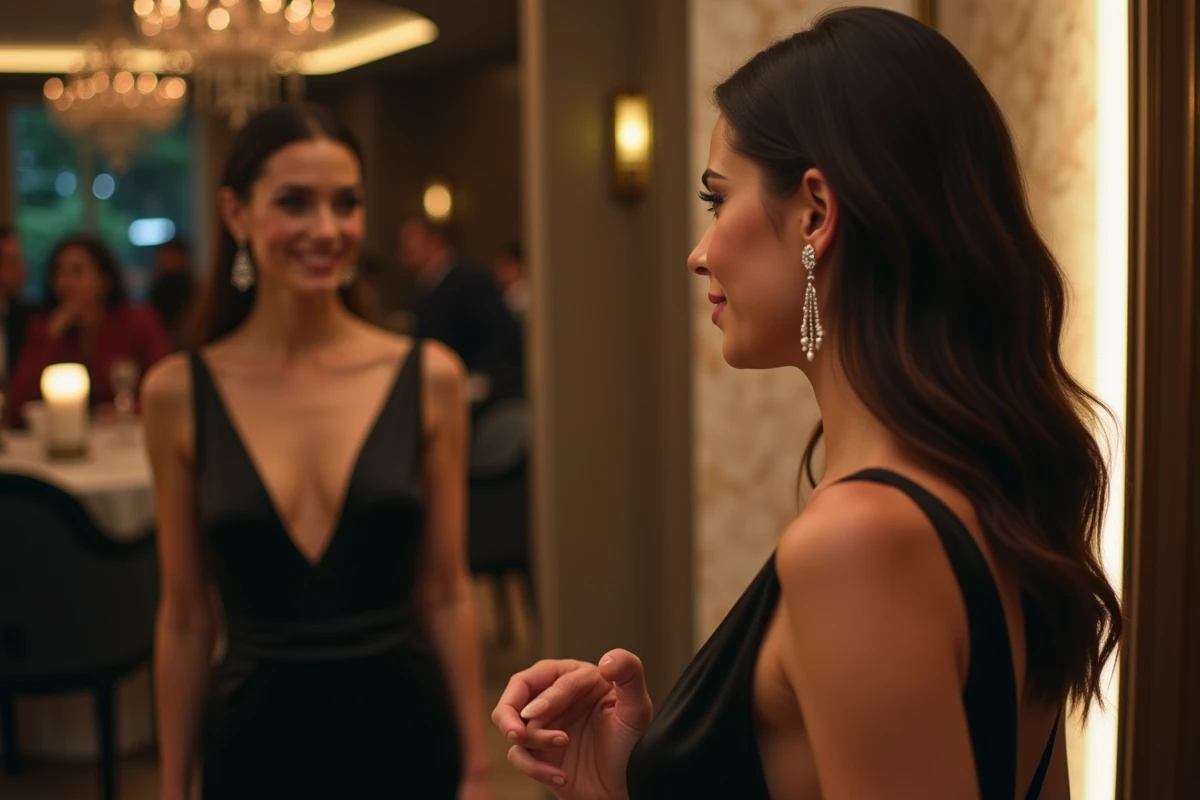 Femme élégante en robe satin noir se coiffant devant un miroir