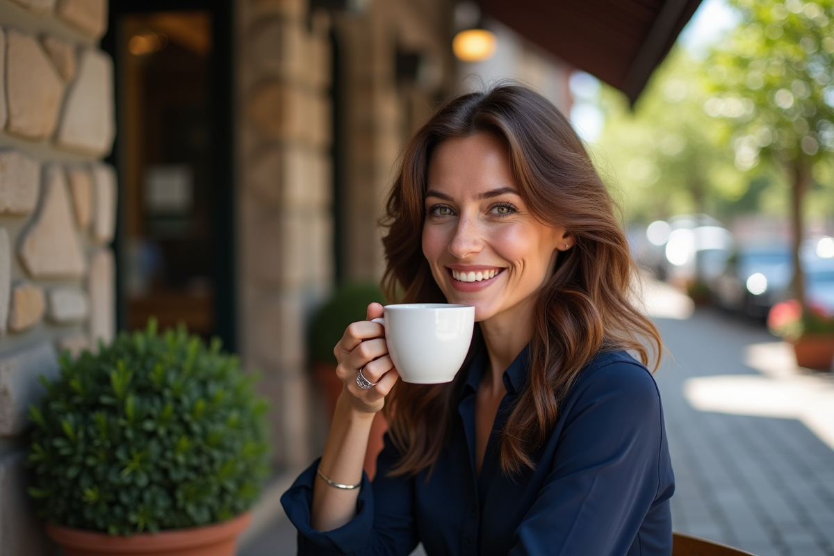 Femme souriante avec cheveux châtain foncé au café en ville