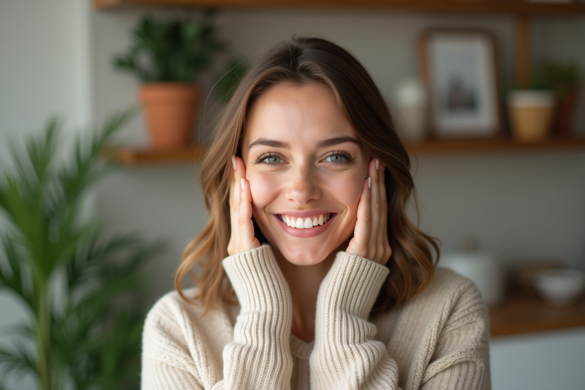 Femme souriante en intérieur avec peau saine et joues pleines