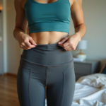 Femme en tenue de sport turquoise dans une chambre moderne
