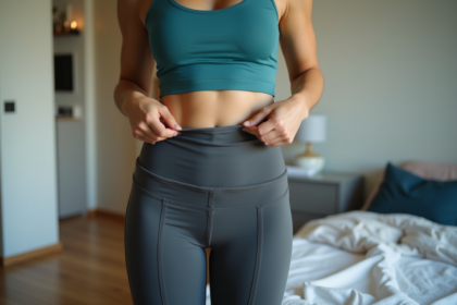 Femme en tenue de sport turquoise dans une chambre moderne