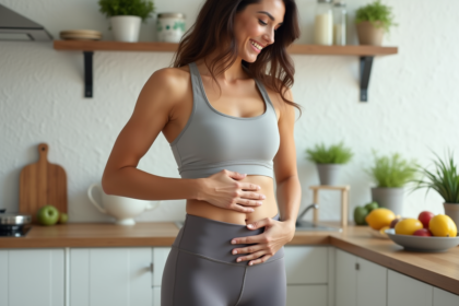 Femme sportive souriante dans une cuisine lumineuse