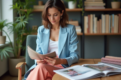 Femme élégante en studio design regardant des échantillons de couleurs