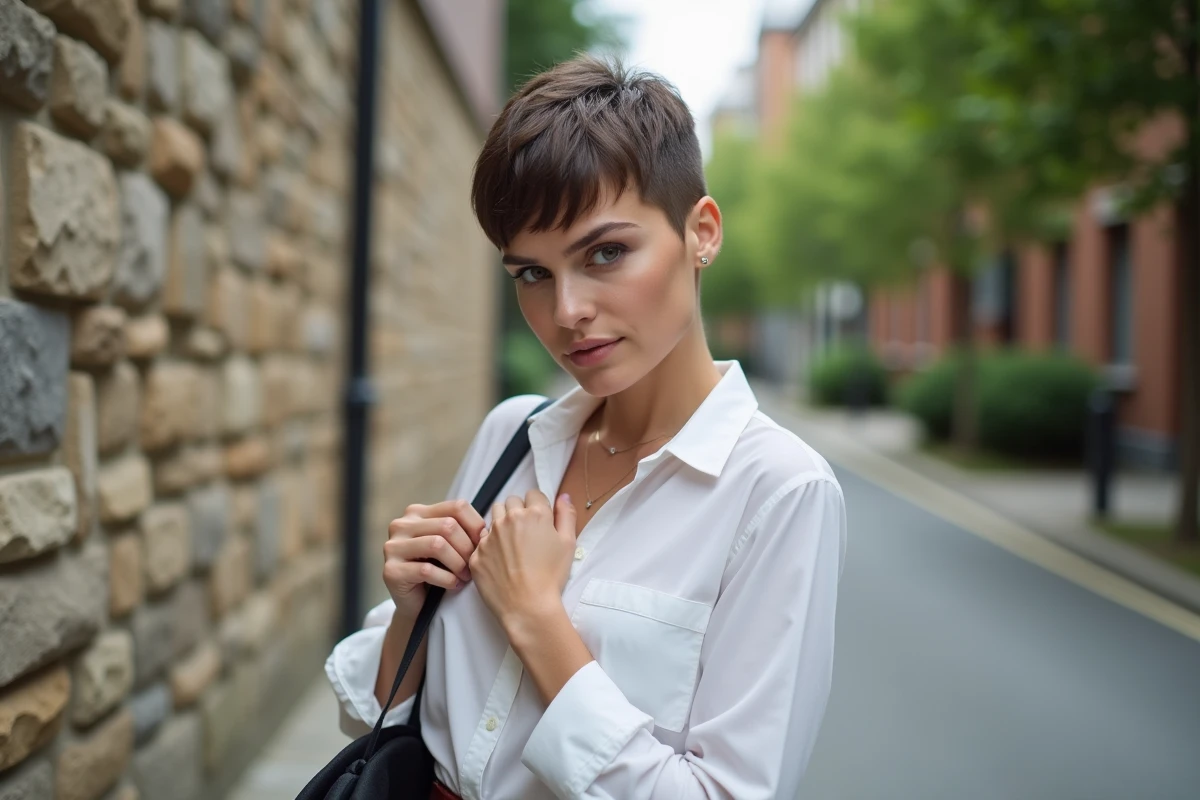 Femme élégante ajustant son col en rue urbaine moderne