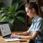 Jeune femme utilisant un calculateur de tatouage sur son ordinateur