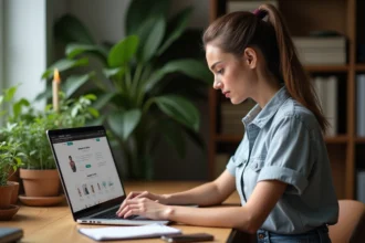 Jeune femme utilisant un calculateur de tatouage sur son ordinateur