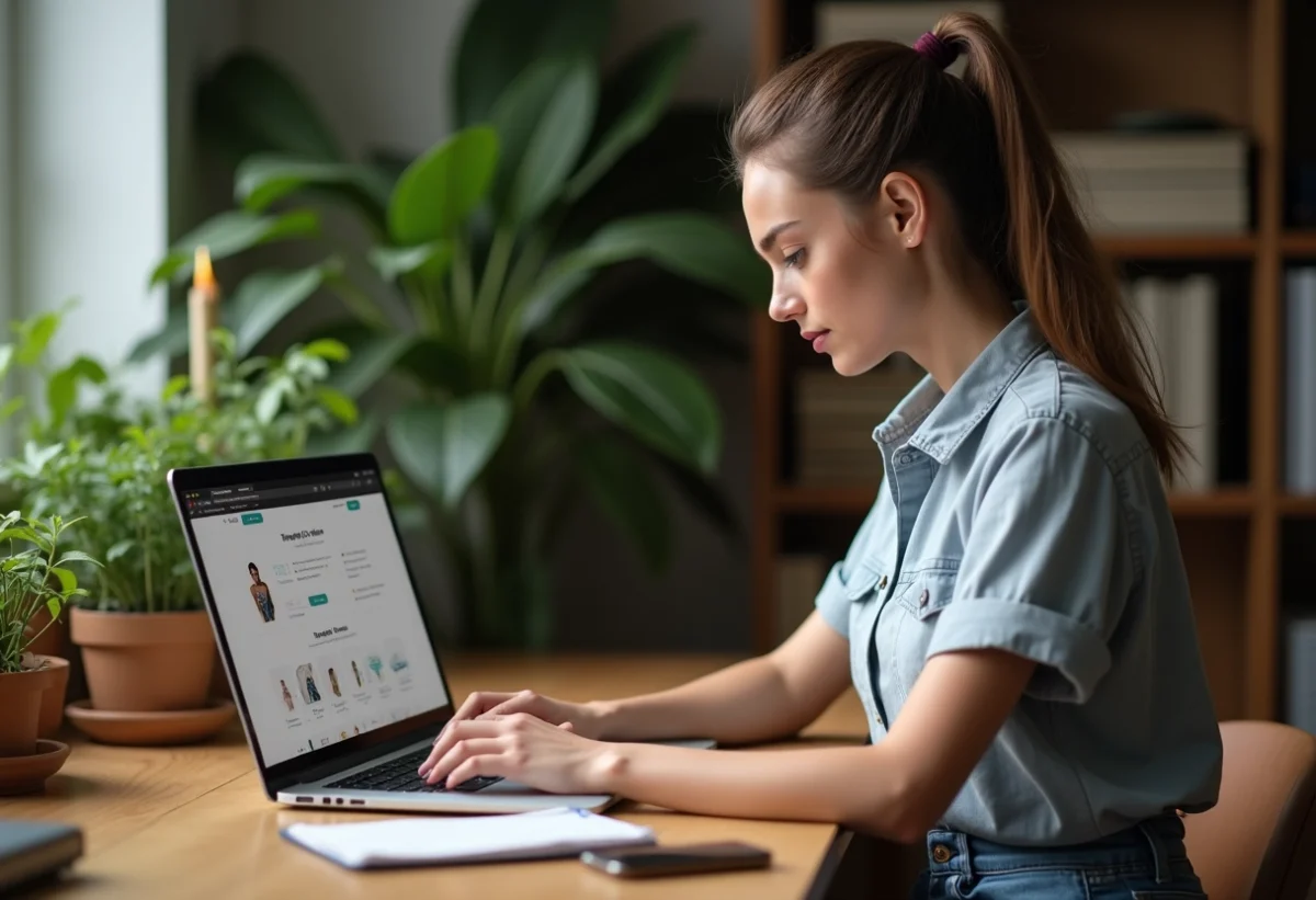 Jeune femme utilisant un calculateur de tatouage sur son ordinateur