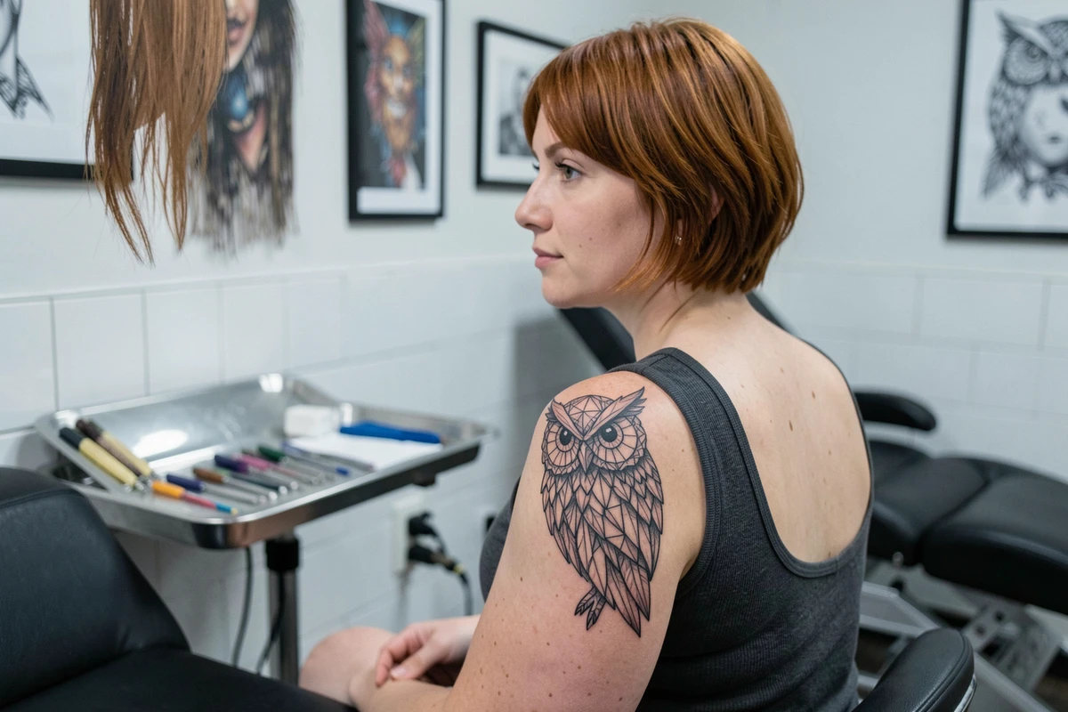 Femme montrant un tatouage hibou géométrique sur l'omoplate dans un salon de tatouage professionnel, symbolique spirituelle