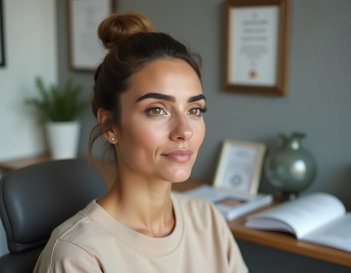 Femme présentant un tatouage sourcil permanent vieilli avant une procédure de détatouage dans un institut de beauté