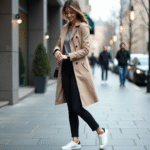 Femme élégante en trench beige dans la ville