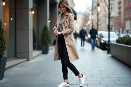 Femme élégante en trench beige dans la ville