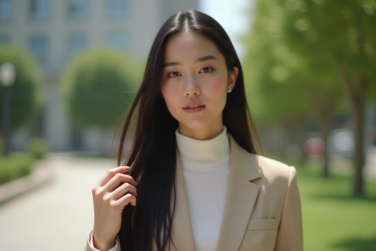 Femme avec coupe V fade nape dans un parc urbain