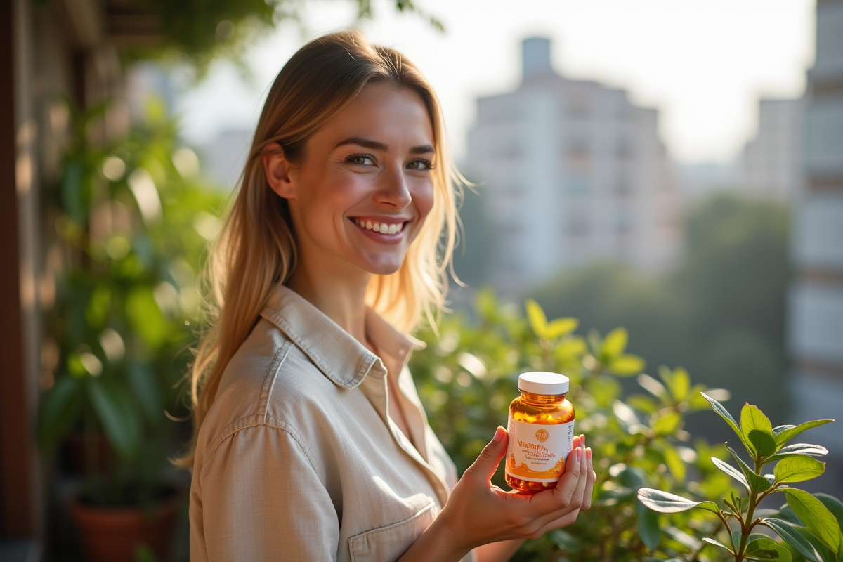 Femme souriante tenant une bouteille de vitamine B sur un balcon ensoleille