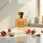 Flacon de parfum Gissah posé sur marbre blanc entouré de pétales de rose séchés et de bois d'oud, ambiance luxueuse et minimaliste