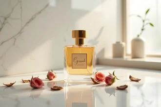 Flacon de parfum Gissah posé sur marbre blanc entouré de pétales de rose séchés et de bois d'oud, ambiance luxueuse et minimaliste