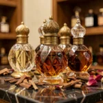 Flacons de parfum oriental ornés posés sur du marbre noir avec des copeaux de bois d'oud et des pétales de rose séchés dans une boutique de luxe