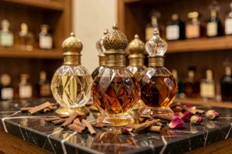Flacons de parfum oriental ornés posés sur du marbre noir avec des copeaux de bois d'oud et des pétales de rose séchés dans une boutique de luxe