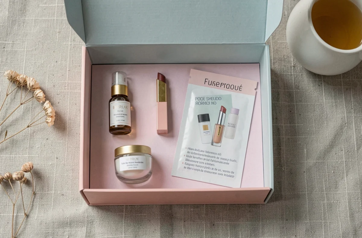Vue en plat poser d'une boîte beauté mensuelle ouverte avec des produits cosmétiques variés sur fond de lin texturé