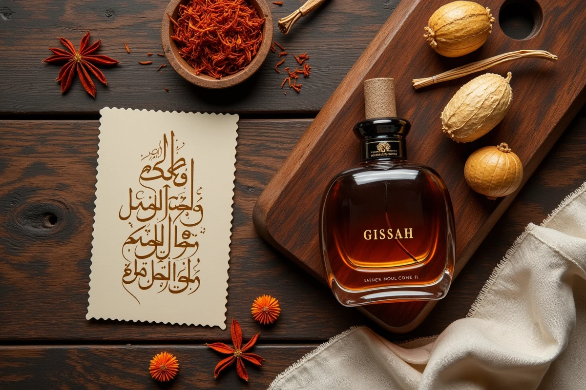 Composition flat lay du parfum Gissah entouré de calligraphie arabe, résine ambrée et fils de safran sur bois de noyer sombre
