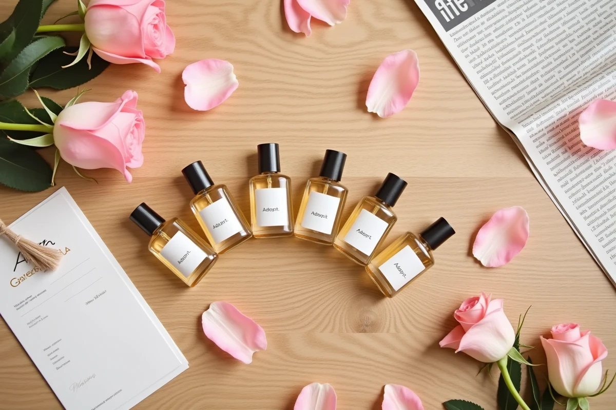Flat lay de flacons de parfums dupes Adopt bon marché arrangés sur une table en bois avec des pétales de rose, illustrant les alternatives aux parfums de luxe
