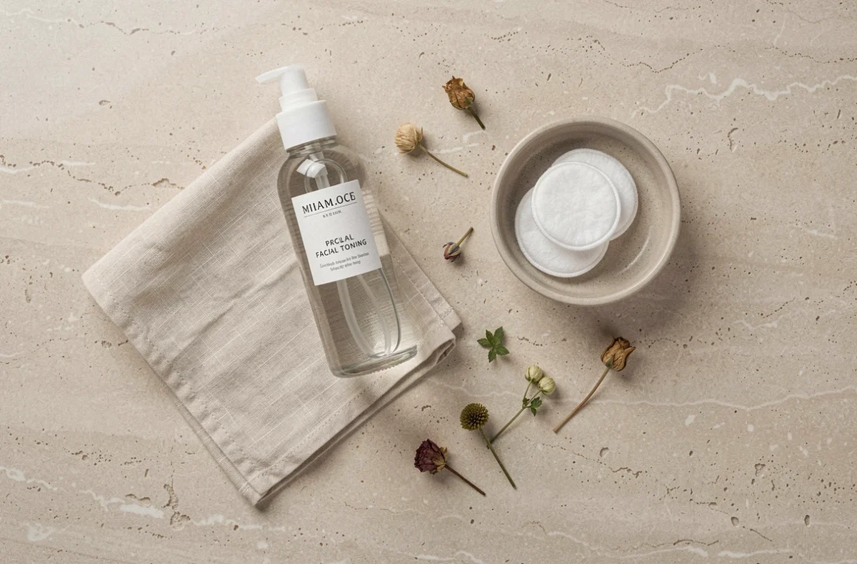 Mise en scène produit Eau Précieuse avec cotons et flacon sur surface en pierre pour routine soin visage