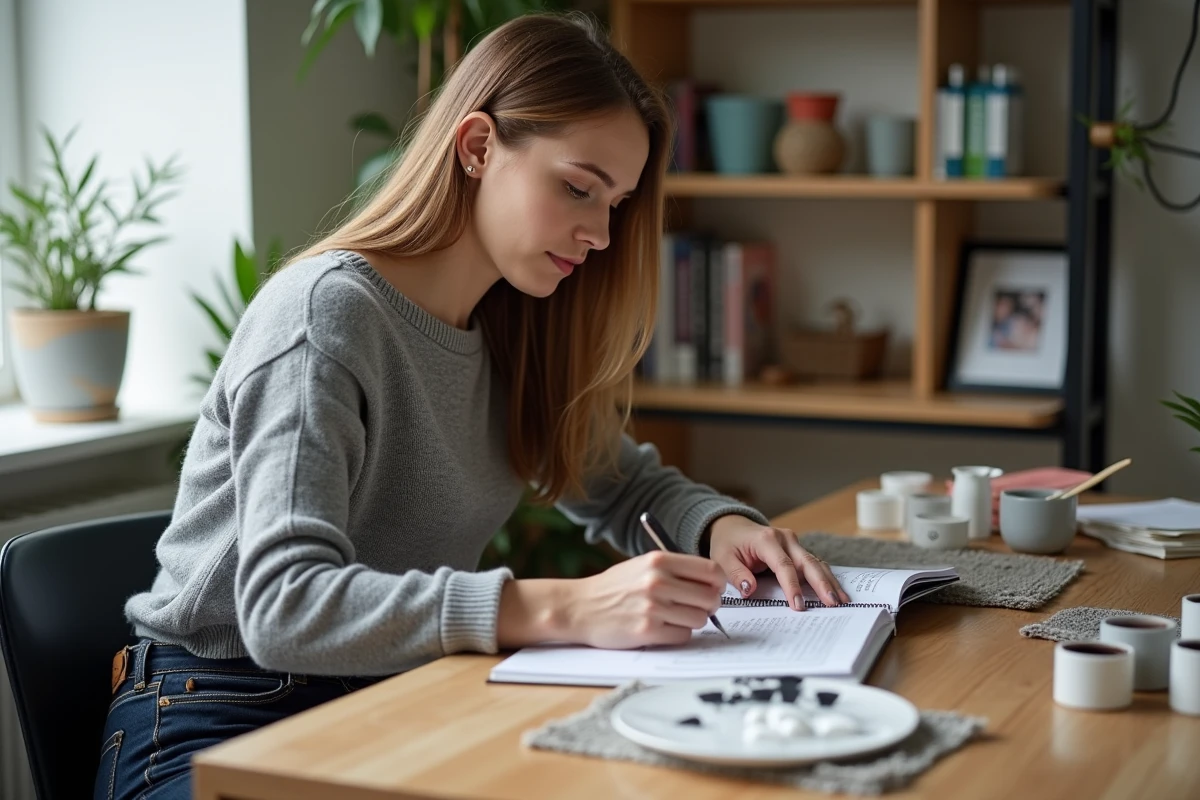 Étudiante en formation ongles porcelaine révisant un manuel de cours avec des outils et produits de nail art sur son bureau