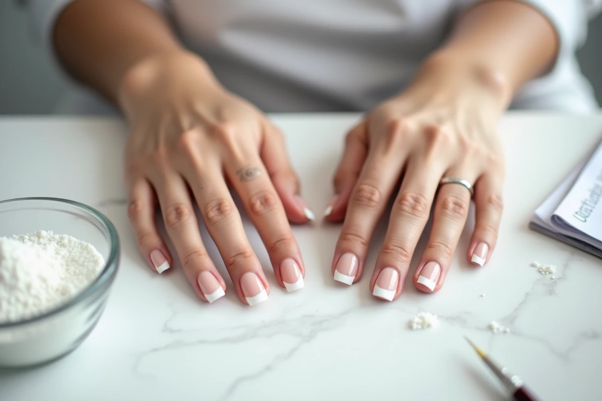 Gros plan sur des ongles en porcelaine sculptés avec finition French manucure sur une surface en marbre blanc en salle de formation
