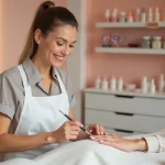 Technicienne en ongles appliquant des extensions en porcelaine sur les ongles d'une cliente dans un salon moderne et bien organisé