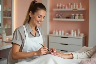 Technicienne en ongles appliquant des extensions en porcelaine sur les ongles d'une cliente dans un salon moderne et bien organisé