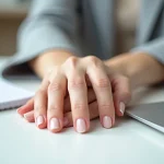 Manucure gel nude discret sur ongles courts pour le travail, mains posées sur un bureau blanc professionnel