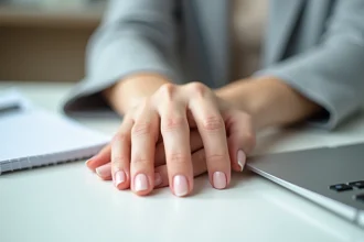 Manucure gel nude discret sur ongles courts pour le travail, mains posées sur un bureau blanc professionnel
