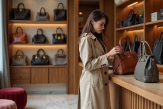 sac à main élégant sur une table avec divers accessoires de mode