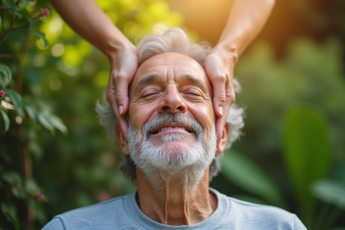Geste de massage du cuir chevelu à un homme âgé en plein air