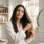 Femme aux cheveux longs et brillants après application d'un gloss capillaire dans une salle de bain moderne