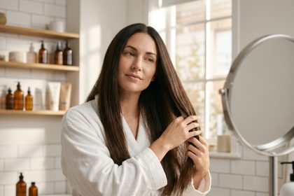 Femme aux cheveux longs et brillants après application d'un gloss capillaire dans une salle de bain moderne