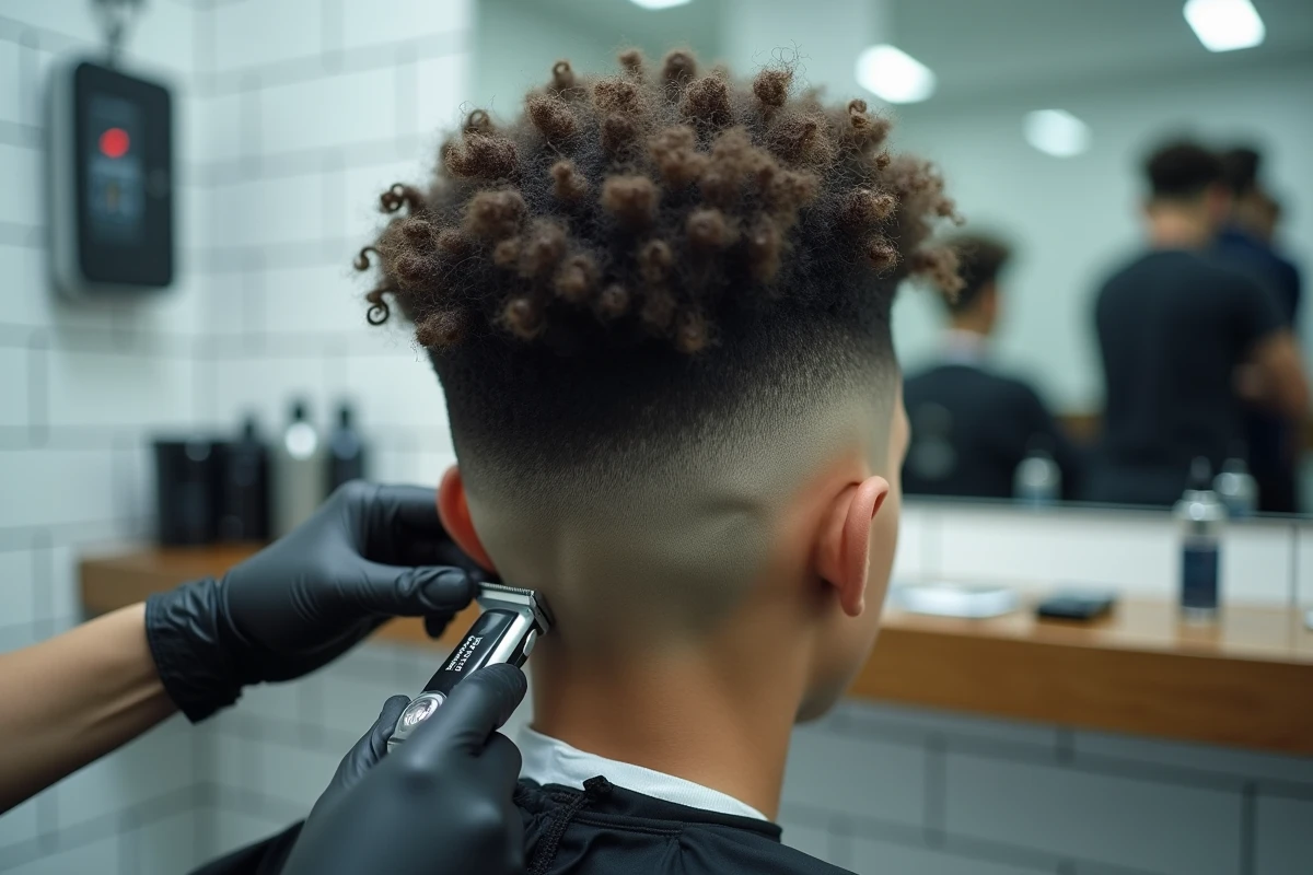 Gros plan sur un dégradé espagnol exécuté sur cheveux bouclés d'un adolescent par un barbier professionnel
