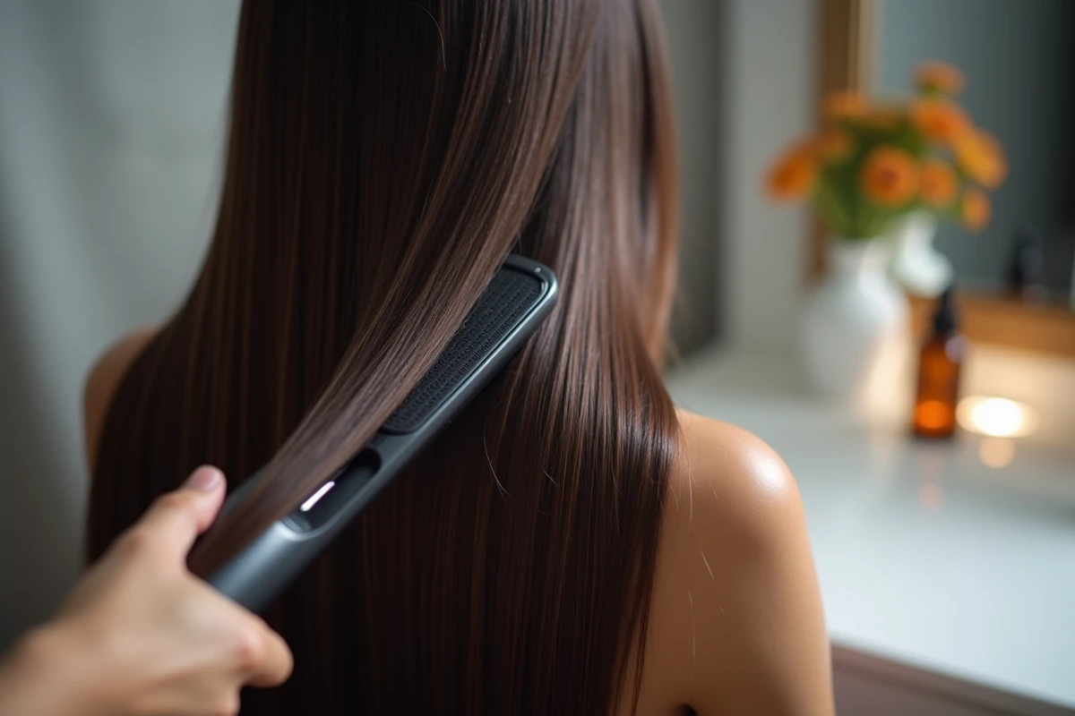 Gros plan d'un fer lissant sur cheveux brillants avec flacon de sérum protecteur thermique en arrière-plan