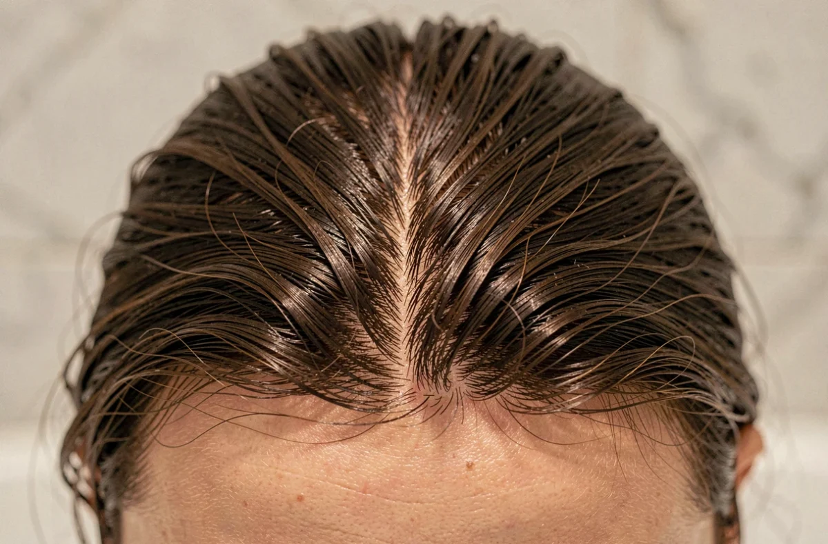 Gros plan sur la repousse capillaire et le cuir chevelu après traitement Levona Paris, montrant des cheveux denses et en bonne santé
