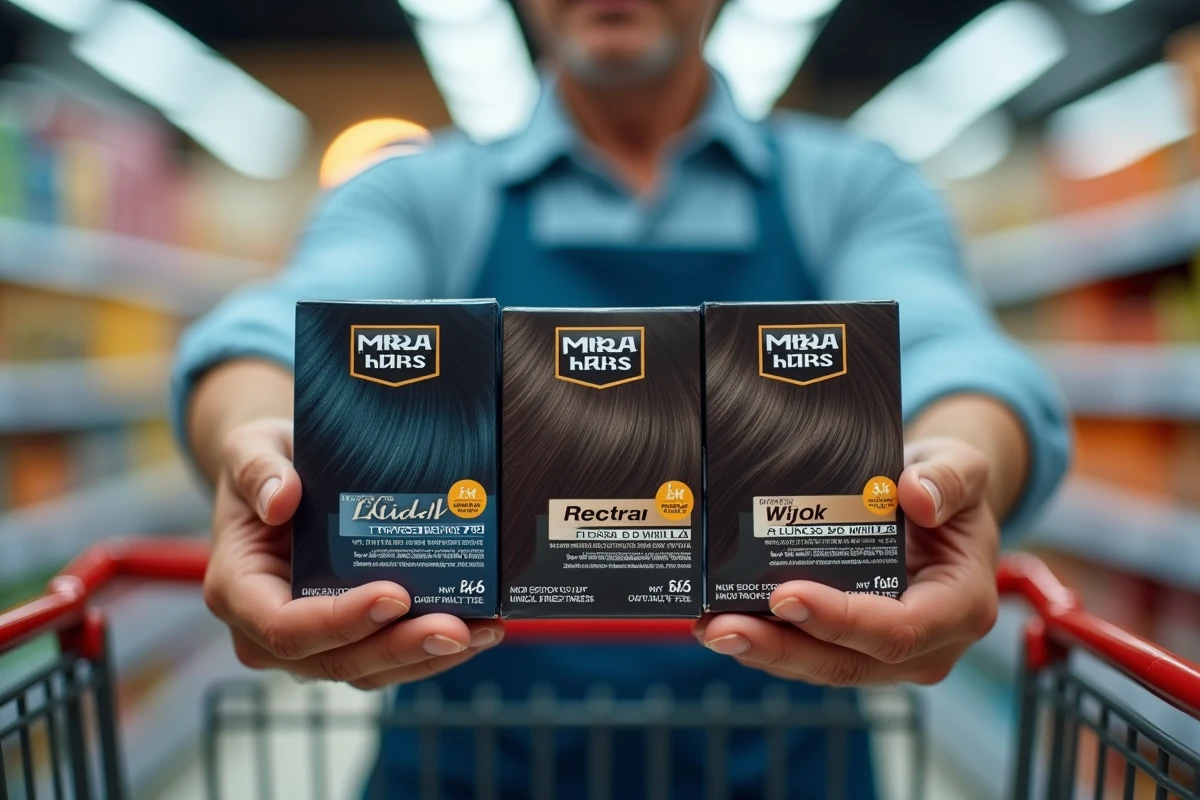 Gros plan sur des mains masculines tenant trois boîtes de teinture pour cheveux blancs en grande surface