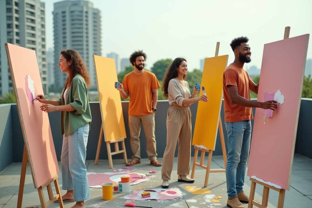Jeunes créatifs peignant sur une terrasse urbaine en plein air