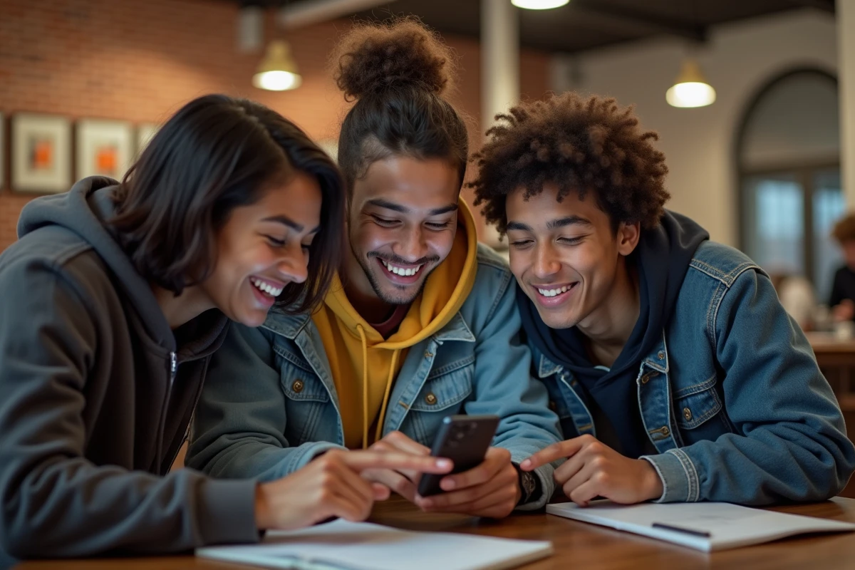 Groupe de jeunes réagissant à une photo virale d'un beau garçon sur internet dans un espace étudiant
