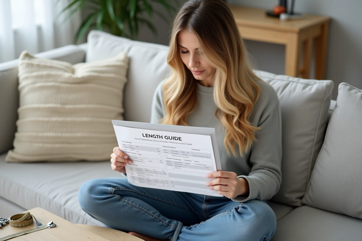 Femme aux cheveux longs étudie un guide de longueur pour extensions tape in à domicile