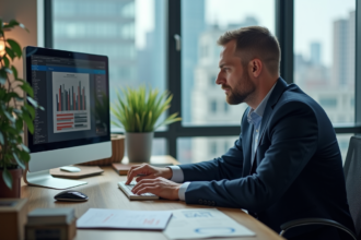 Homme d'affaires en costume dans un bureau avec livres SEO anciens