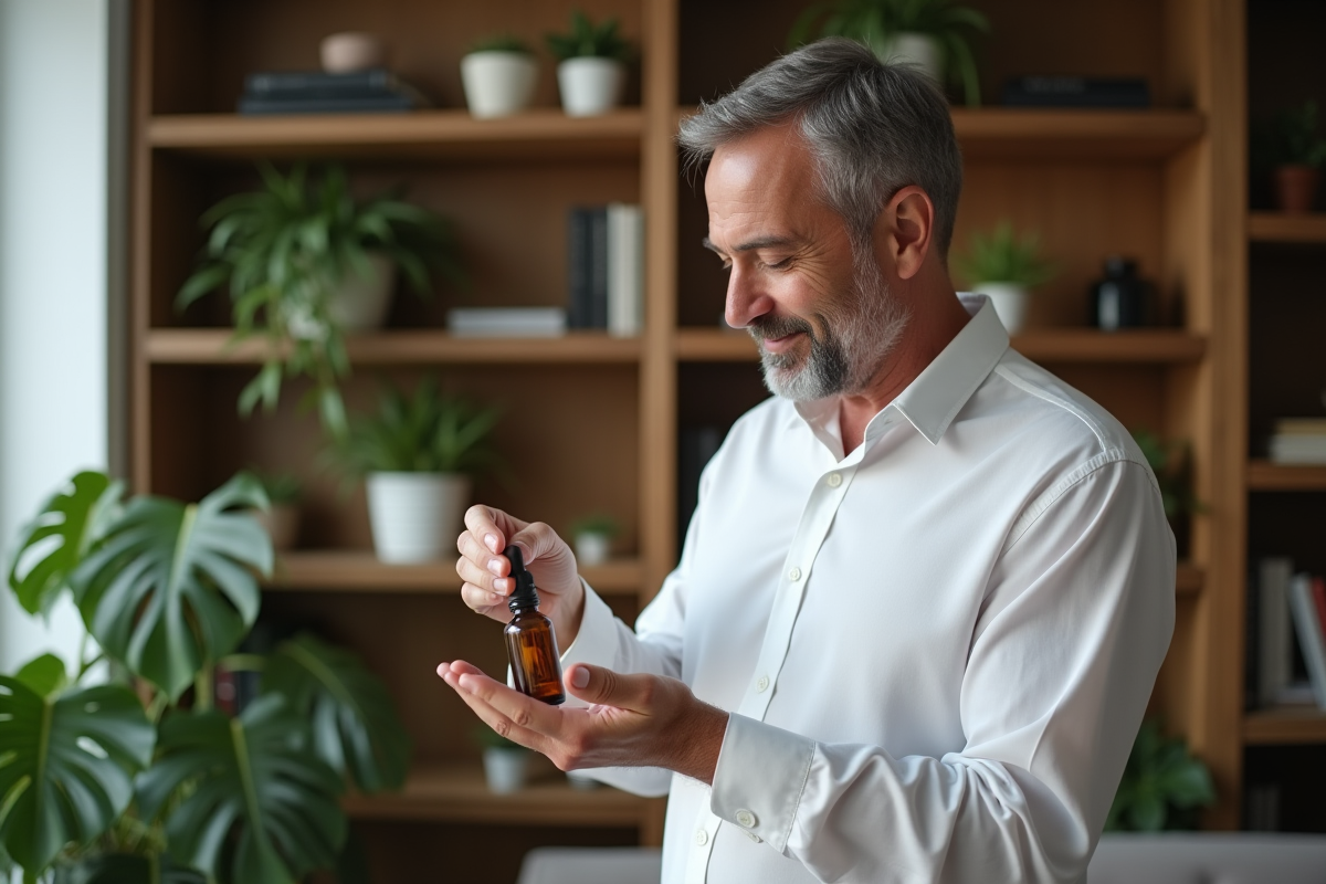 Homme appliquant des huiles essentielles dans un salon moderne