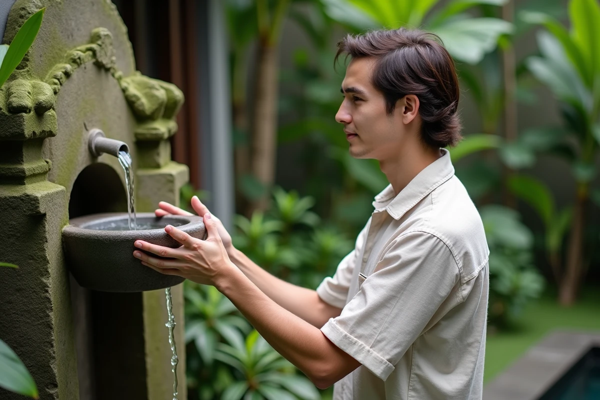 Homme appliquant un masque capillaire au jasmin dans un jardin tropical