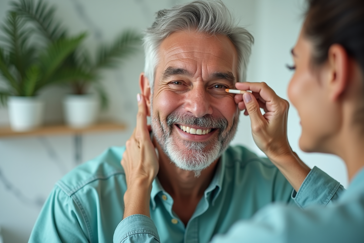 Homme souriant recevant un conseil maquillage dans une salle moderne