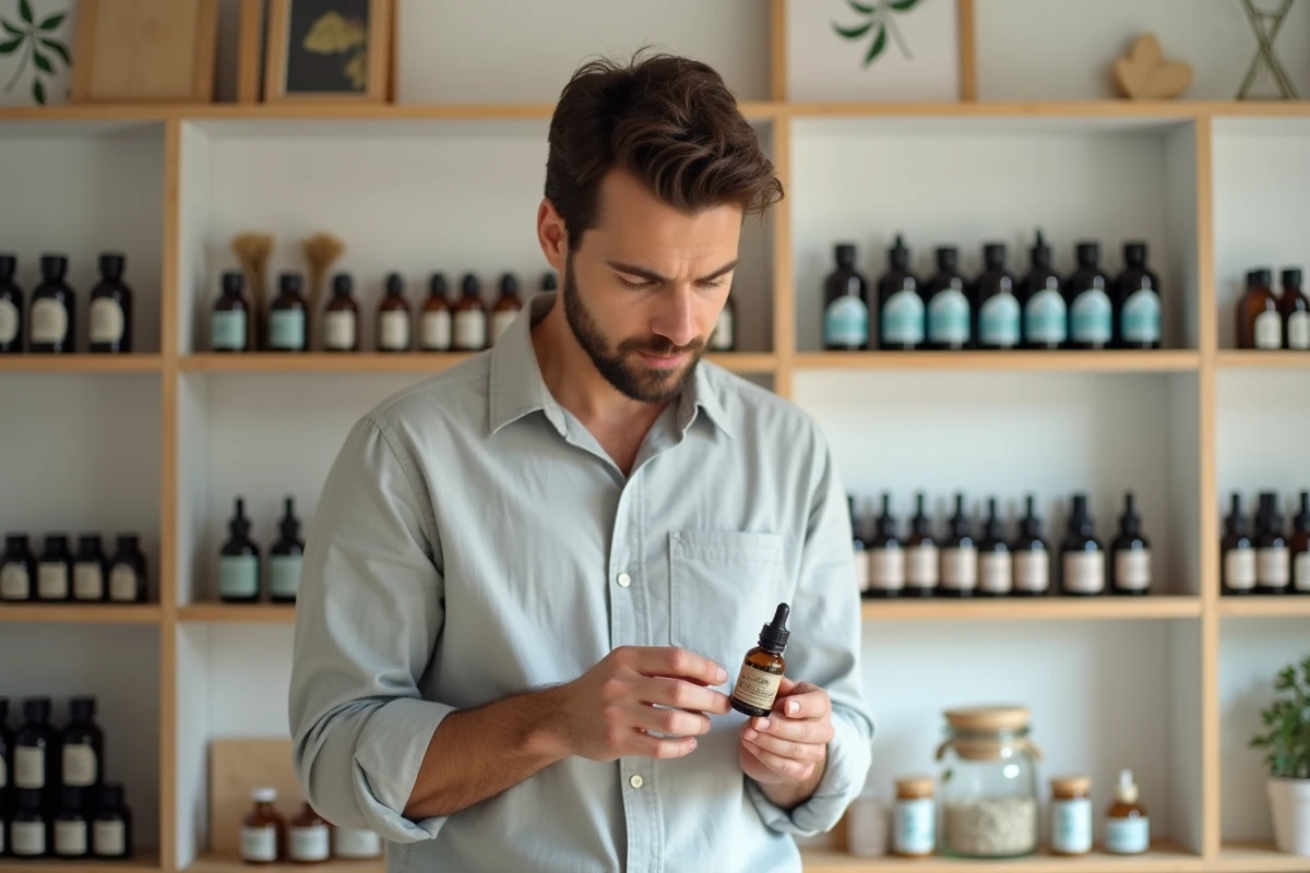 Homme en boutique de soins naturels examinant un flacon d'huile essentielle pour choisir ses produits aromathérapie