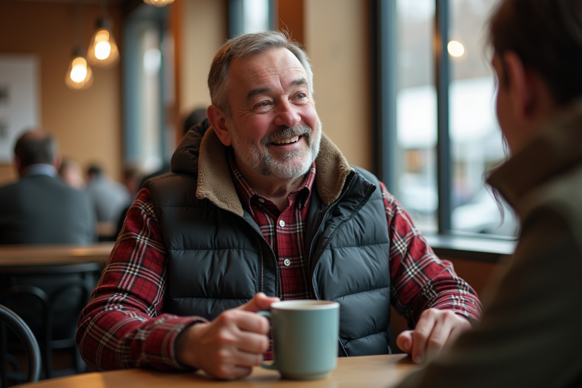 Homme détendu dans un café moderne avec tasse à la main