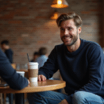 Homme souriant dans un café convivial lors d'une conversation