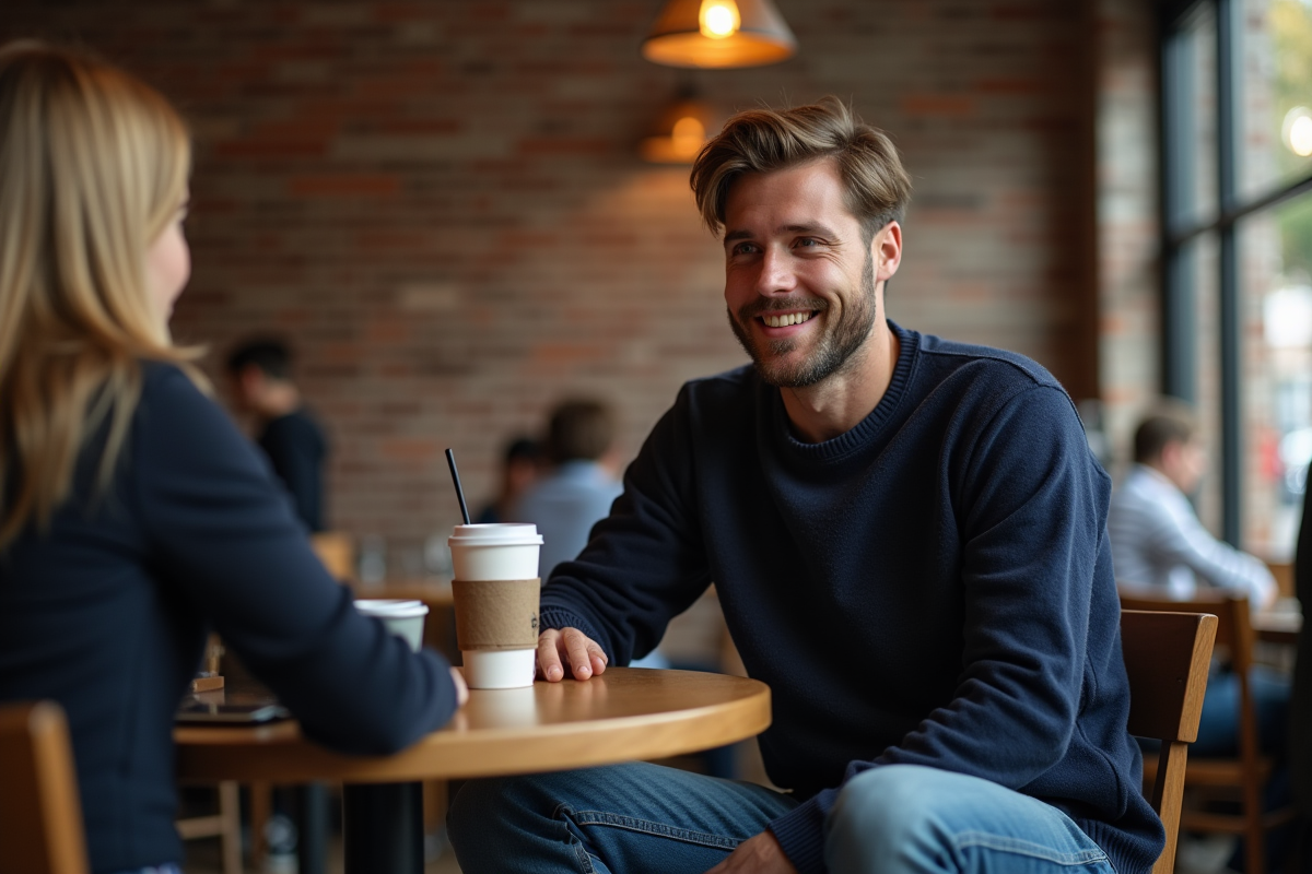 Homme souriant dans un café convivial lors d'une conversation